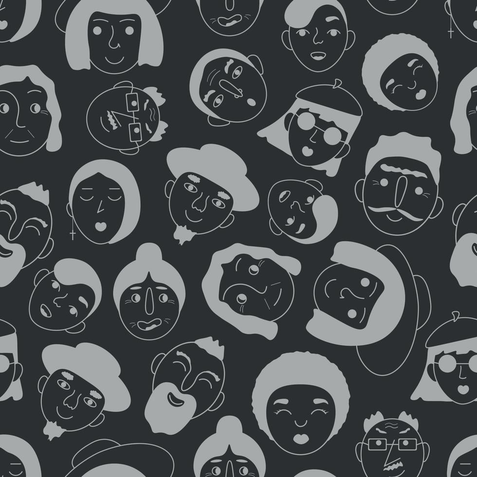 rostros de personas. patrón sin costuras con la imagen de las caras de las personas. avatares de personas sonrientes. un patrón con caras. ilustración vectorial sobre un fondo gris vector