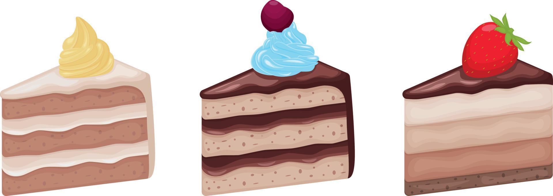 tortas un conjunto de diferentes pasteles de forma triangular. pasteles decorados con varias cremas y bayas. una colección de postres dulces. ilustración vectorial vector