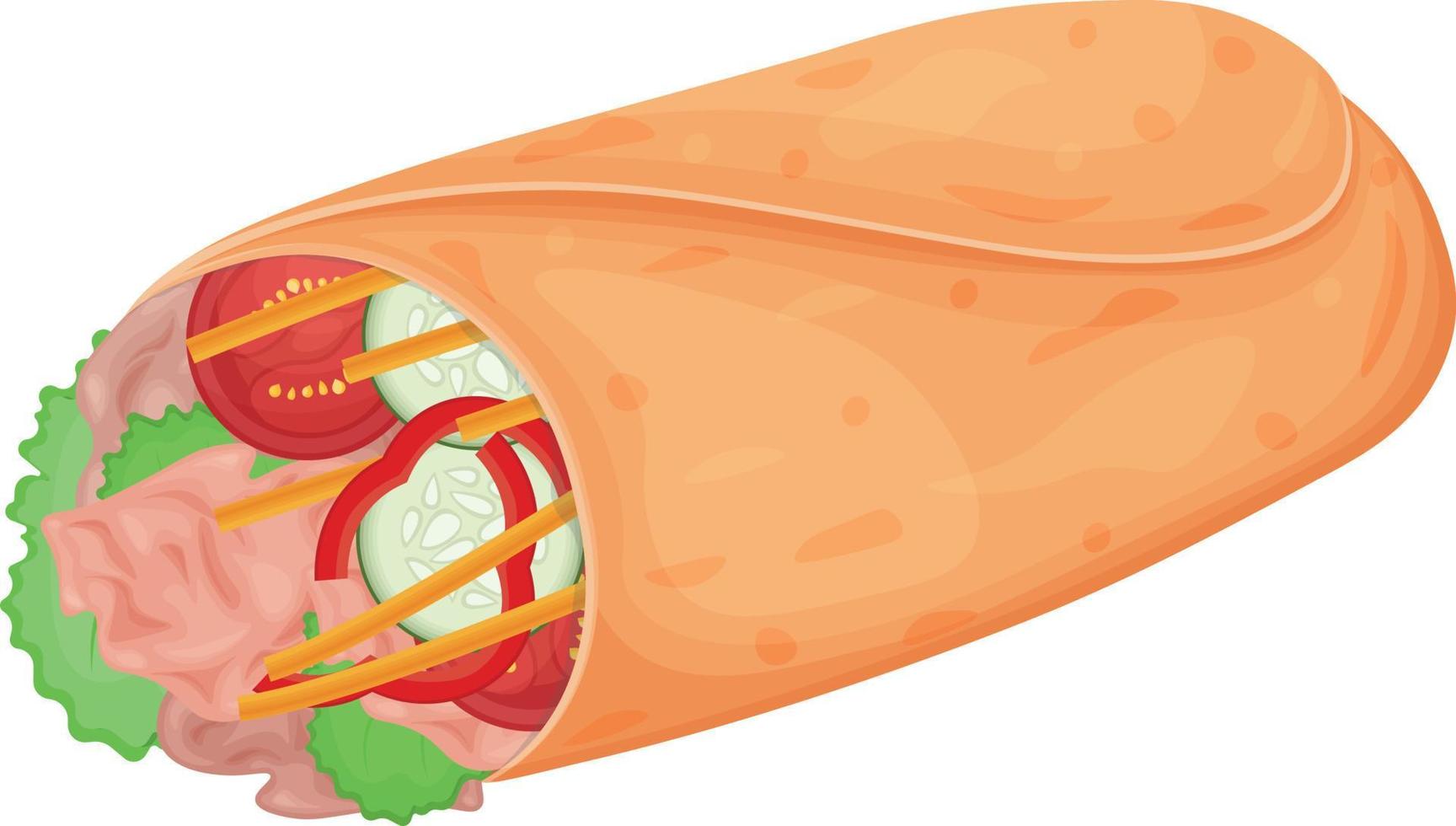 Burrito. A dish of Mexican cuisine. Mexican burrito. Delicious shawarma. Vector illustration isolated on a white background