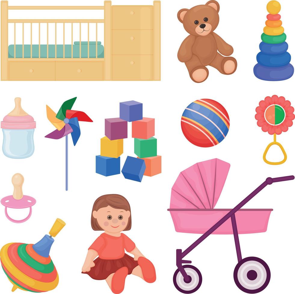 A large collection of children s accessories and toys, such as a crib, a stroller, a bottle with a pacifier and also a doll, a bear, cubes and a rubber ball. Vector illustration
