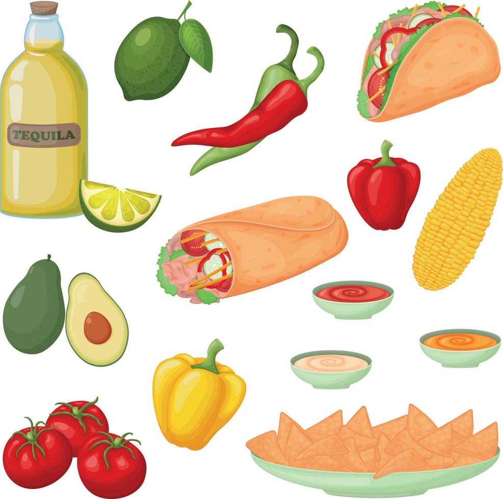 A large set of Mexican food such as tacos, burritos, nachos and tequila. And also vegetables, corn, tomatoes, pepper, avocado and lemon. Vector illustration