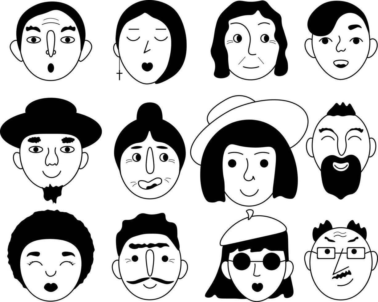 Faces set. Image of faces. A collection of faces of people of different genders and ages. Monochrome avatars. Black and white images of faces. Vector illustration on a white background.