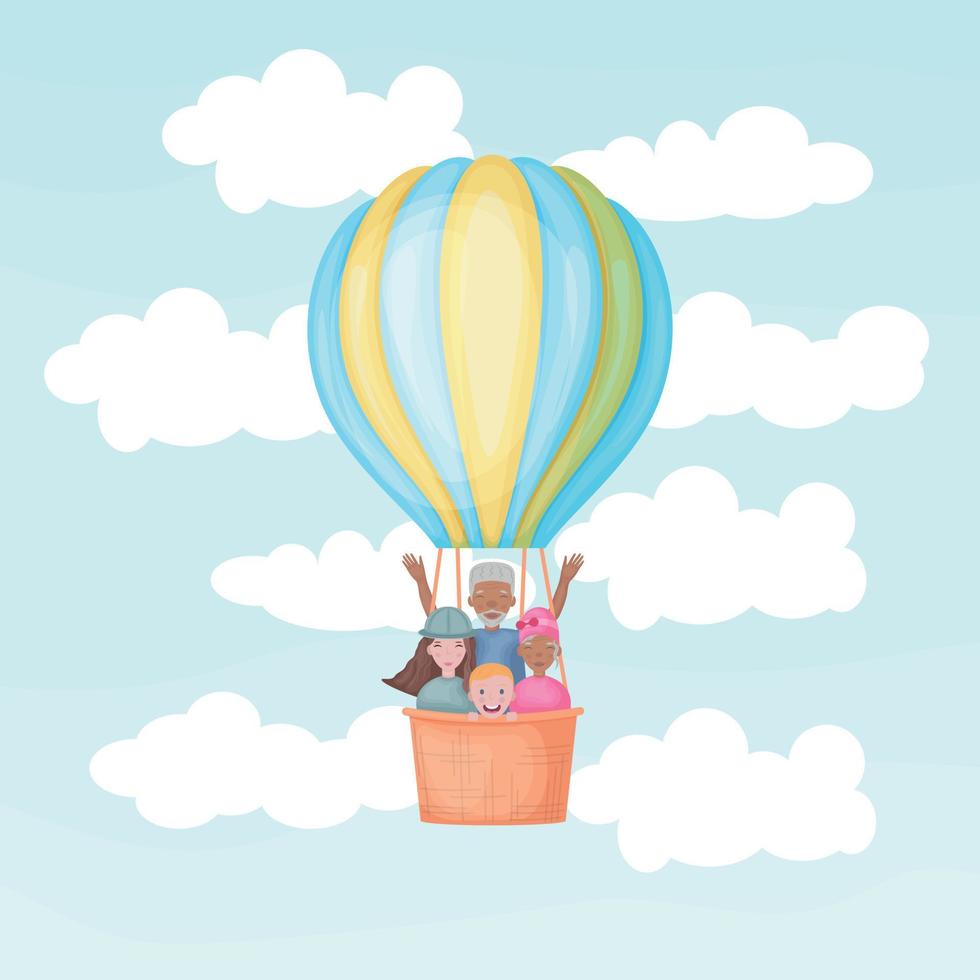 Air balloon. Hot air balloon with people. Black and white people fly in a balloon. People with different skin colors are flying across the sky.Vector illustration isolated on a white background vector
