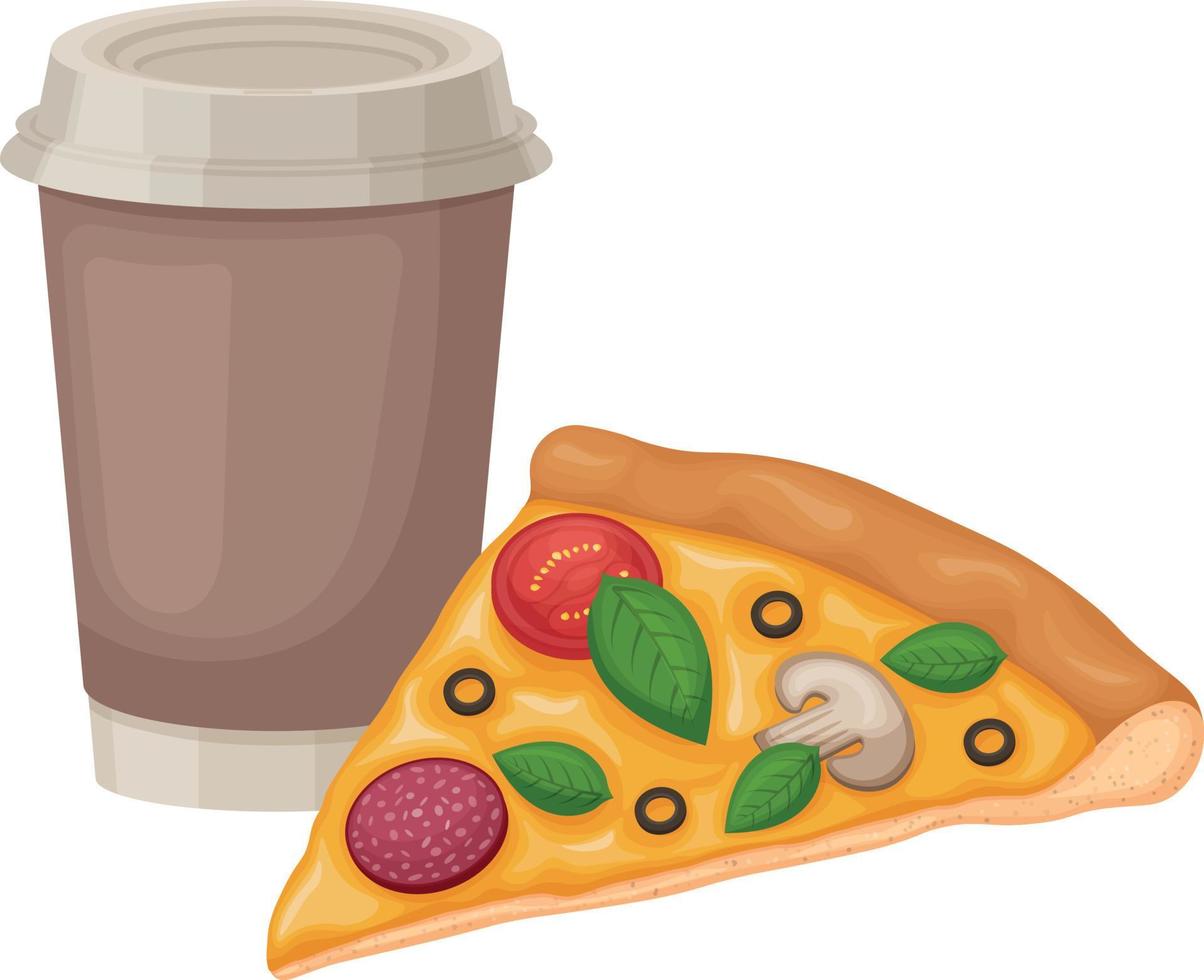 Pizza. Pizza with a glass of coffee. A cut slice of pizza and a hot drink. Fast food. Vector illustration isolated on a white background