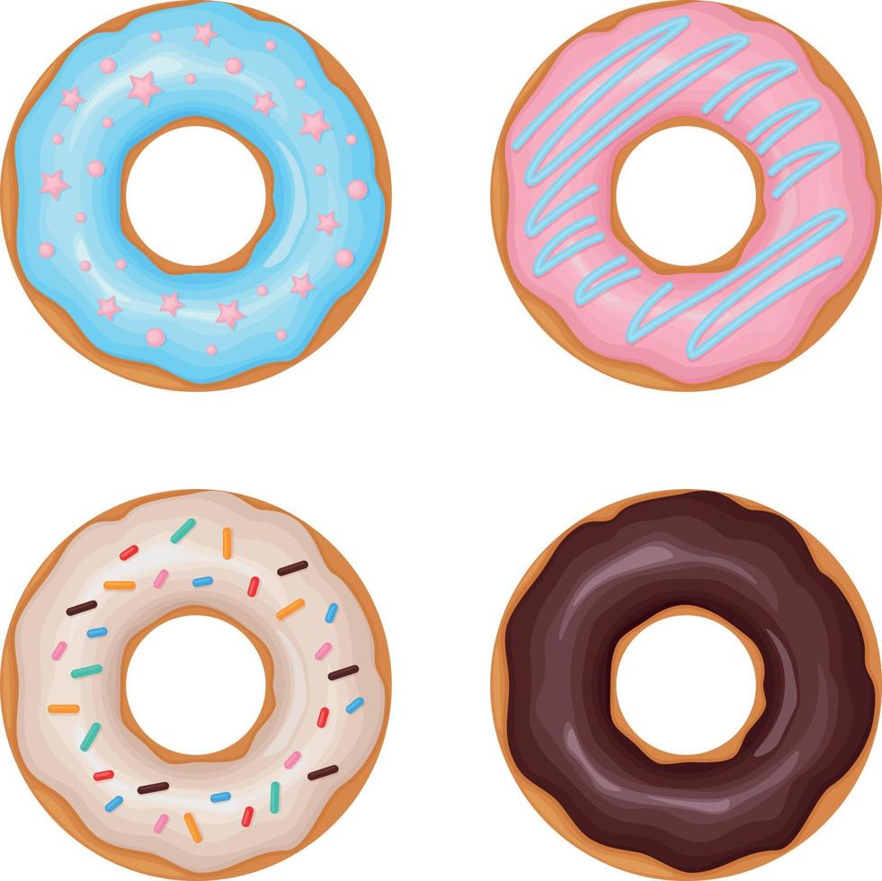 Donut. A collection of donuts decorated with various glazes and sprinkles. Sweet dessert, vector illustration isolated on a white background