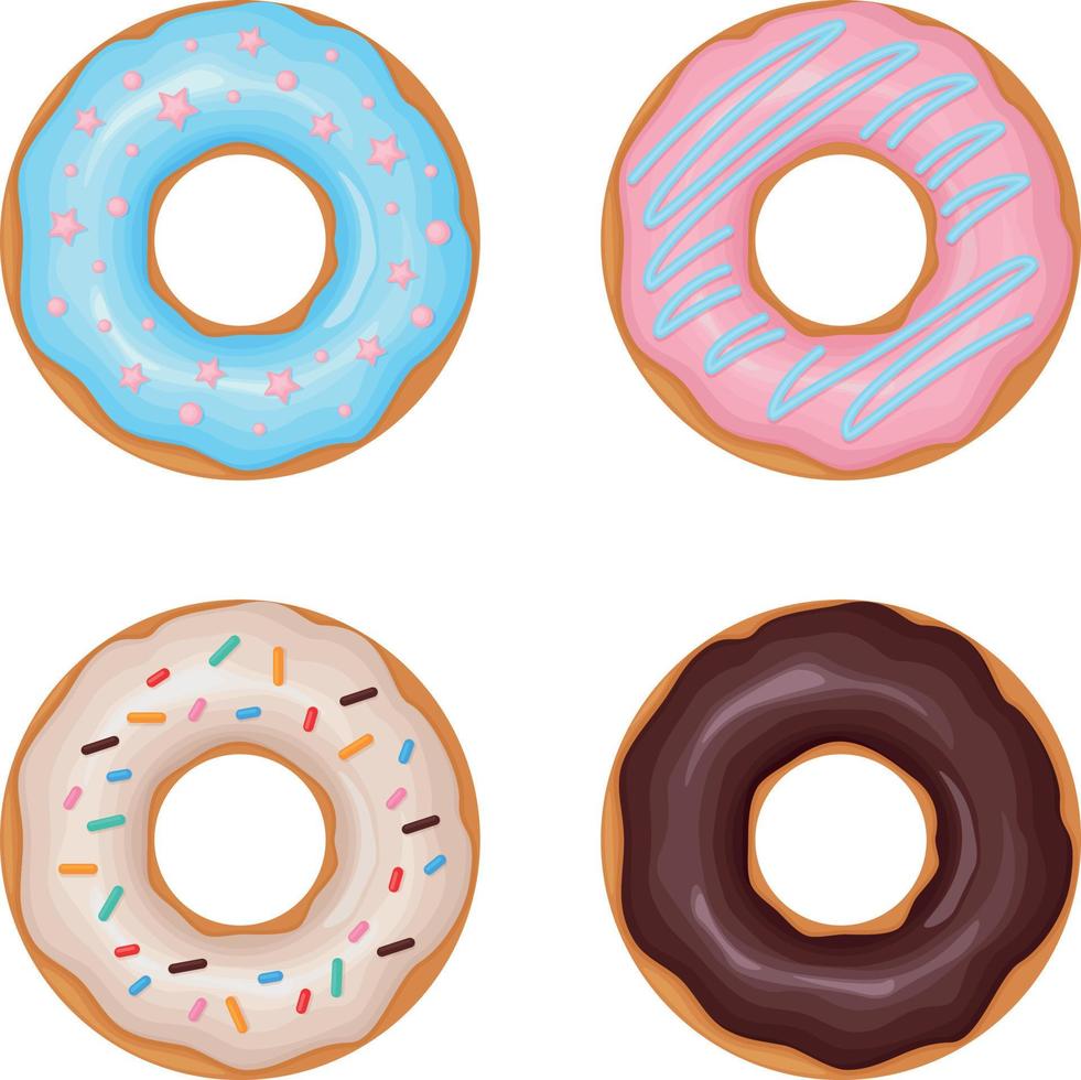 rosquilla. una colección de donas decoradas con varios glaseados y chispas. postre dulce, ilustración vectorial aislada en un fondo blanco vector