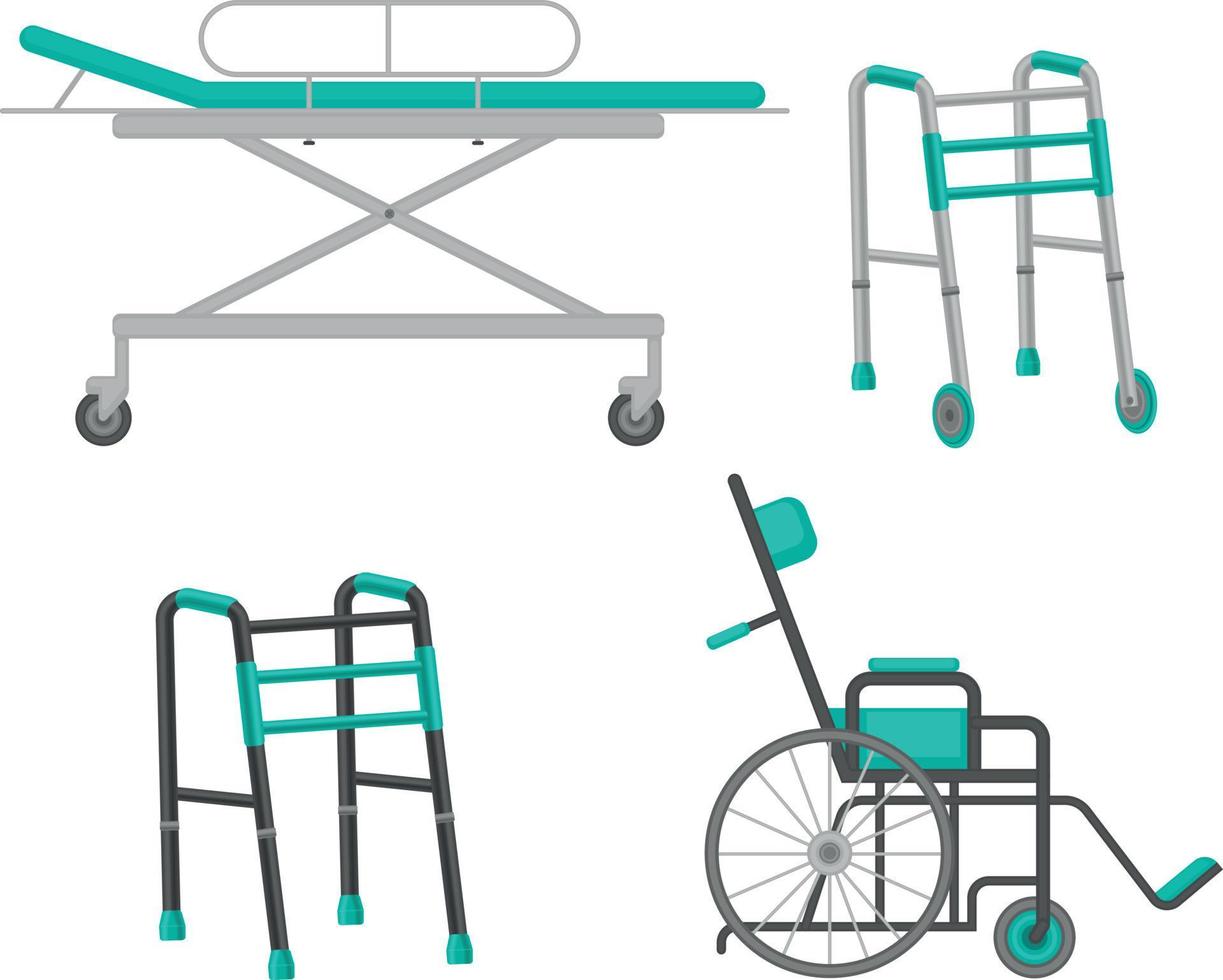 A set with the image of medical, orthopedic accessories, such as a medical wheelchair, a wheelchair and a walker. Vector illustration