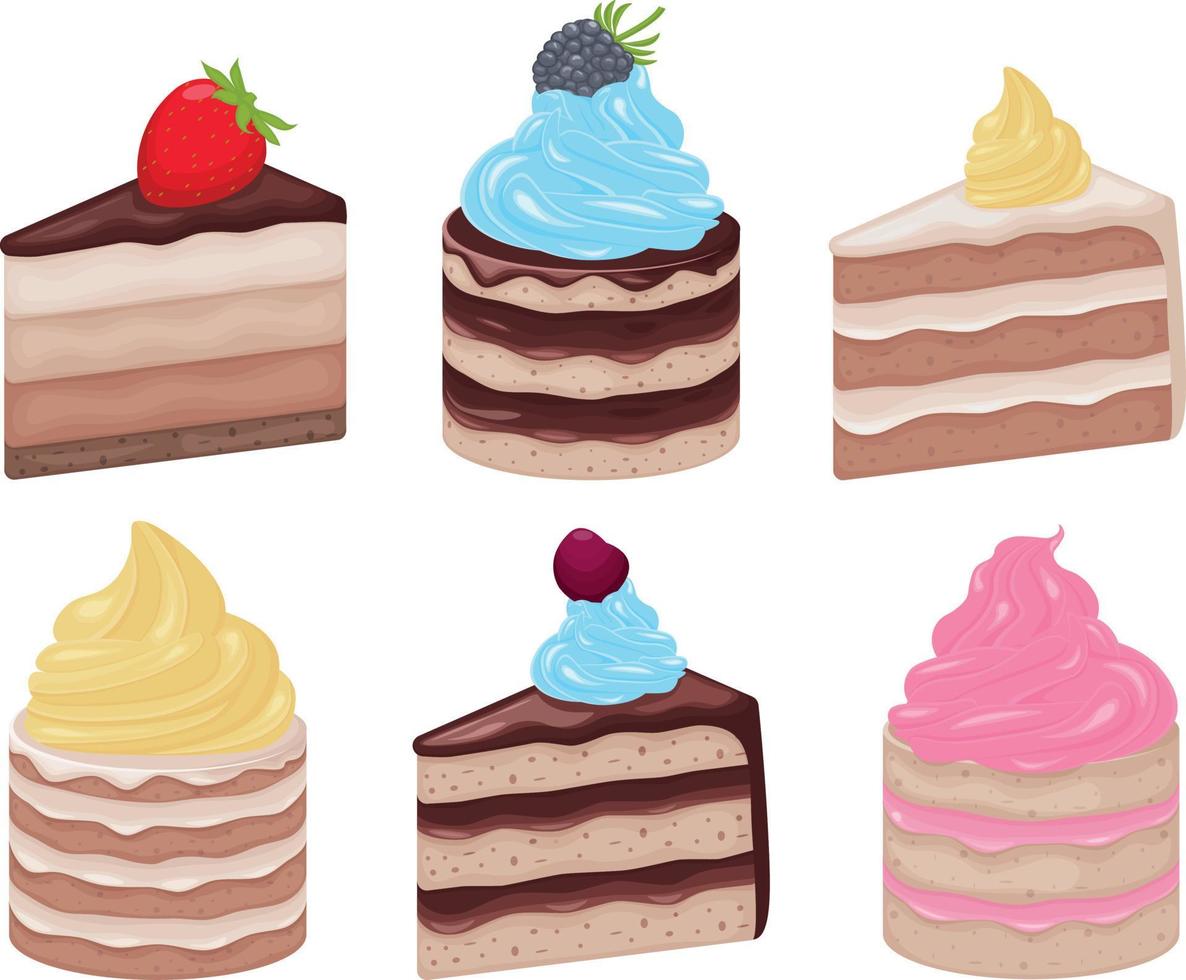 Cakes. A set of different cakes of triangular shape. Cakes decorated with various creams and berries. A collection of sweet desserts. Vector illustration