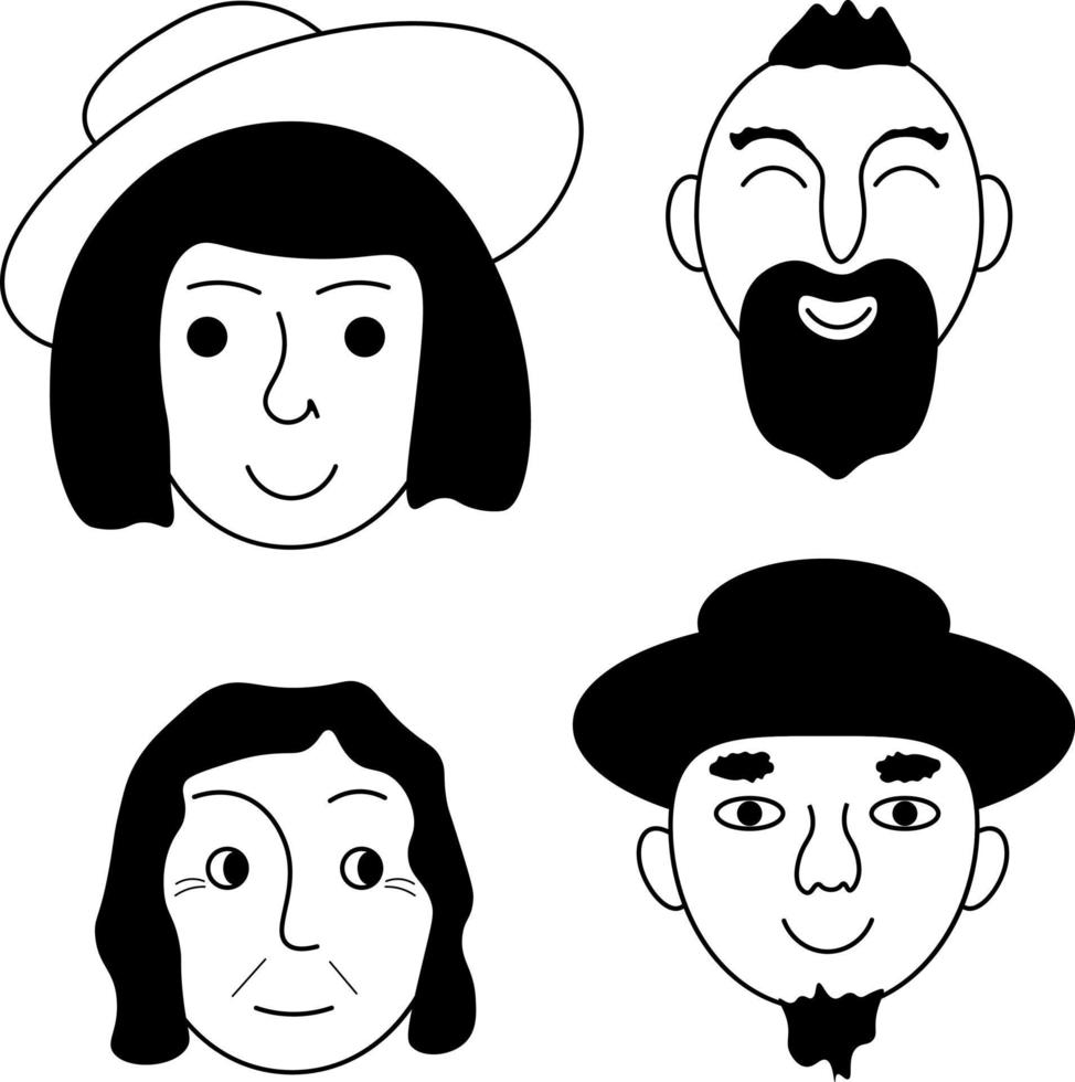 Faces. Image of faces. A network of people of different genders and ages. Monochrome avatars. Black and white images of faces. Vector illustration on a white background