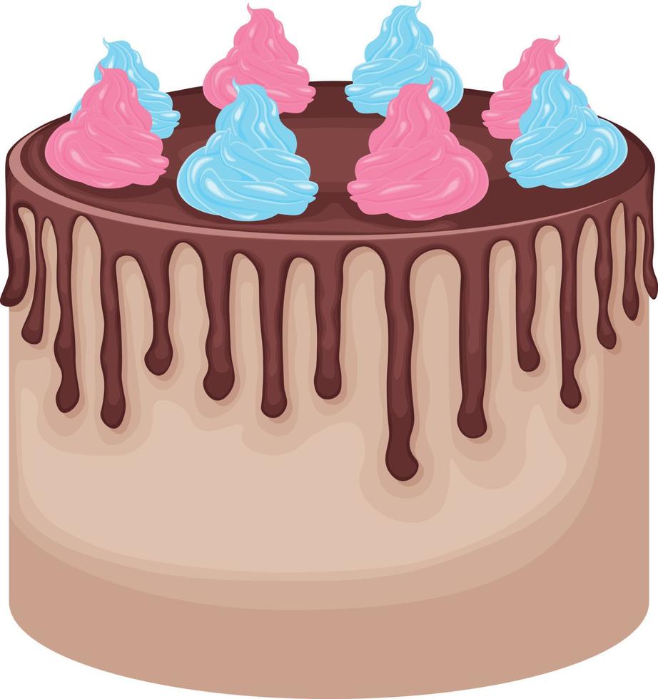 A big cake. Delicious sponge cake, poured with chocolate. Chocolate cake decorated with whipped cream. Vector illustration isolated on a white background