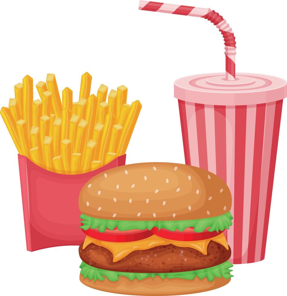 Fast food. An illustration depicting a burger, a carbonated drink and French fries. A set of fast food . Vector illustration isolated on a white background