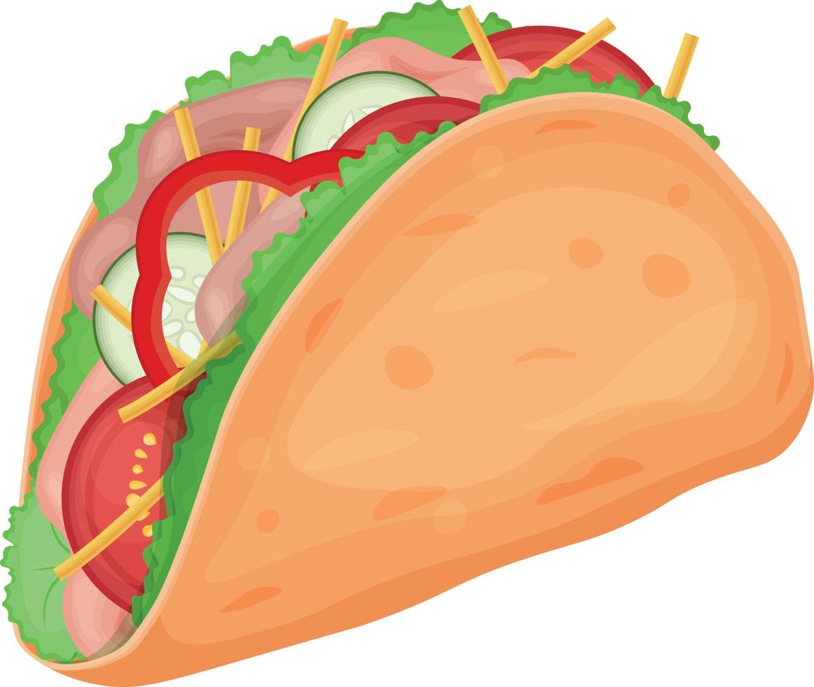 Tacos. Mouth-watering taco dish of Mexican cuisine. Tacos with meat and vegetables. Vector illustration isolated on a white background