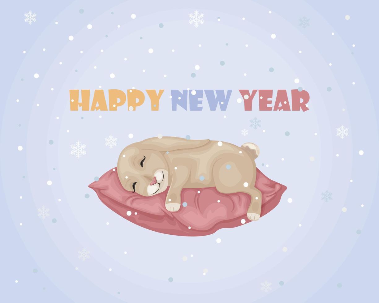ilustración de navidad. la imagen de un conejo, símbolo del nuevo año. el conejo se encuentra en la inscripción feliz año nuevo. ilustración festiva. vector