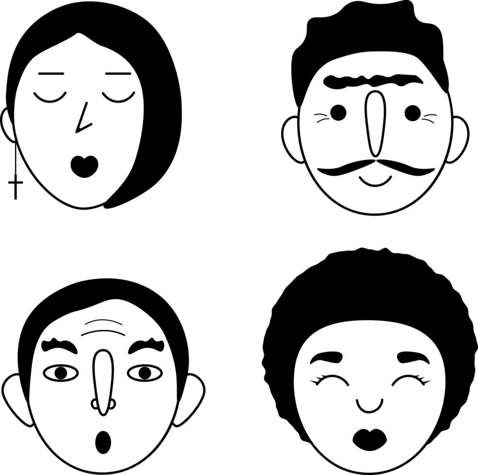 Faces. Image of faces. A network of people of different genders and ages. Monochrome avatars. Black and white images of faces. Vector illustration on a white background