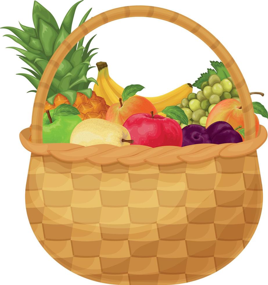 canasta con frutas como plátano, piña, uva, melocotón y también manzana, pera y ciruela. canasta de frutas. fruta en una cesta de mimbre. ilustración vectorial aislada en un fondo blanco vector