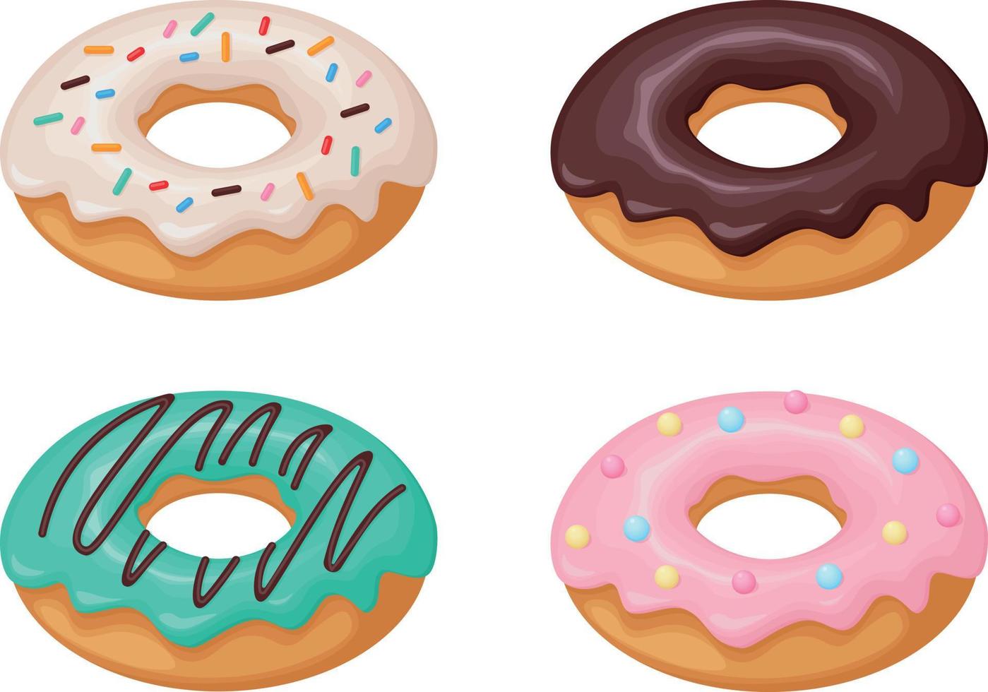 Donut. A collection of donuts decorated with various glazes and sprinkles. Sweet dessert, vector illustration isolated on a white background