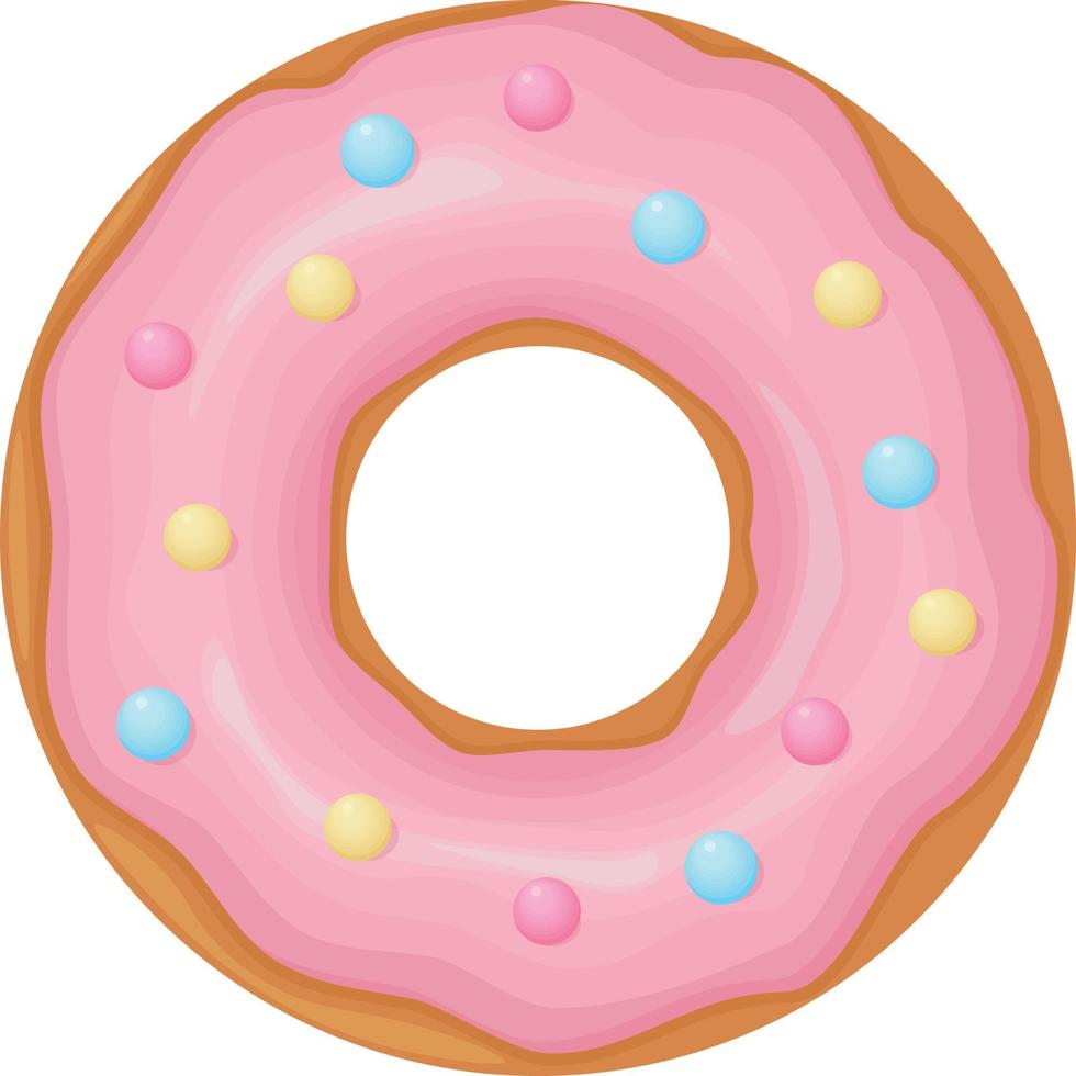 Donut. A sweet doughnut, poured with pink glaze and decorated with candy drops. Sweet dessert. Vector illustration isolated on a white background