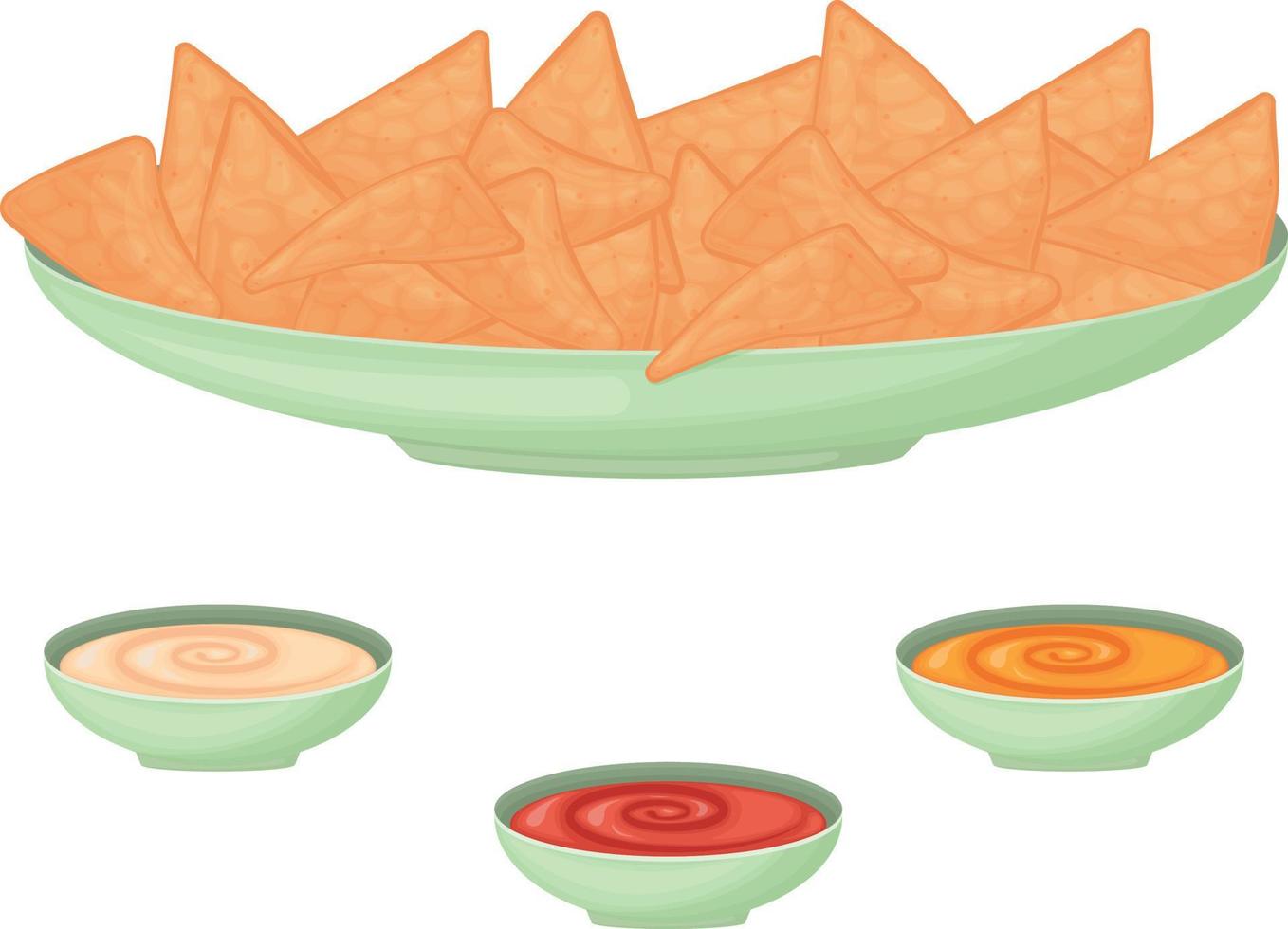 Nachos. A plate of nachos and sauces. Cheese, cream and tomato sauce. A plate of snacks. Vector illustration isolated on a white background