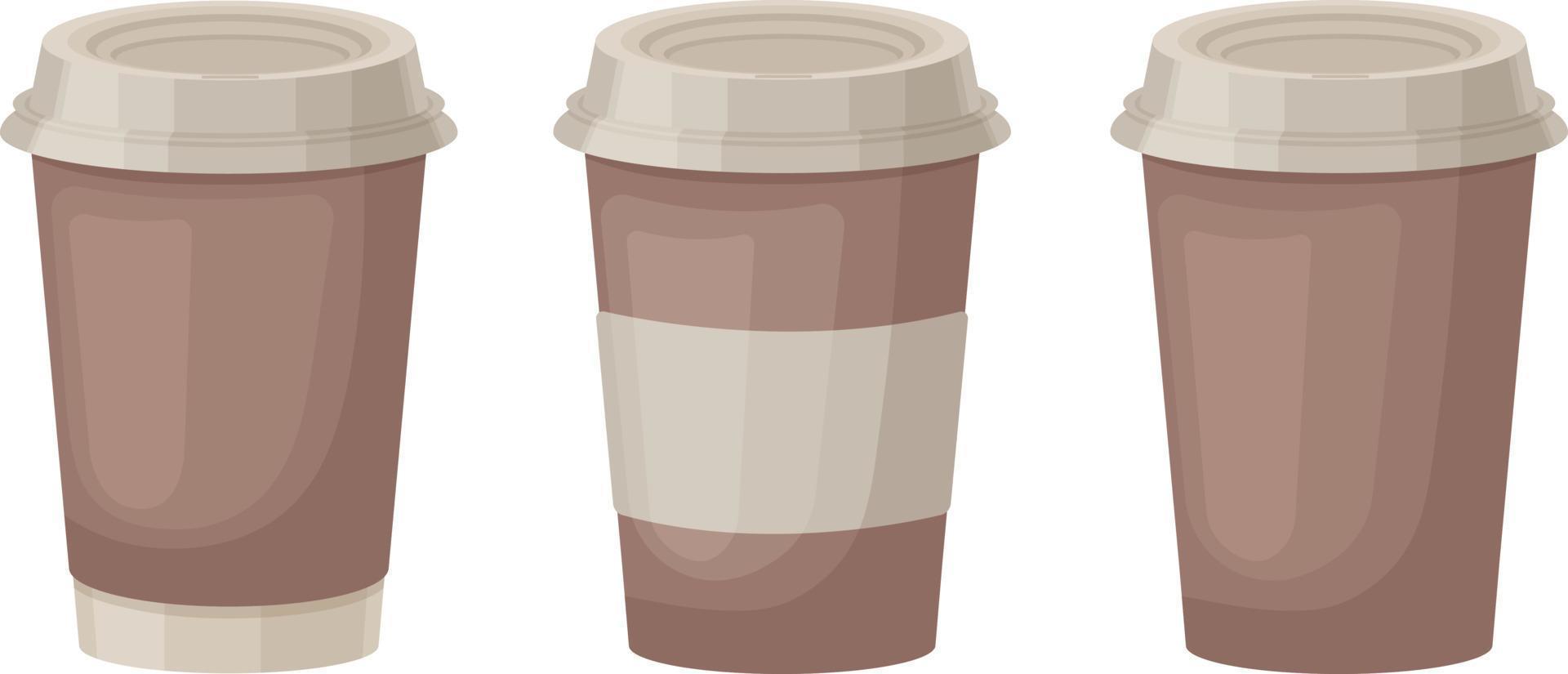 Coffee cups with a lid. Disposable paper cups for drinks. Plastic cups for hot drinks to take away. Vector illustration isolated on a white background
