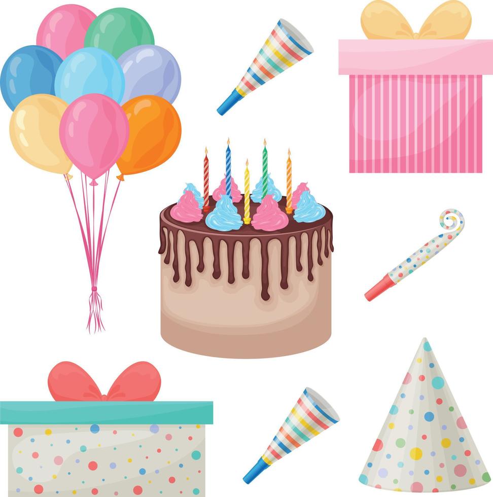 Happy Birthday. A bright festive set consisting of birthday accessories such as cake, balloons, gift boxes and festive hats and whistles. Vector