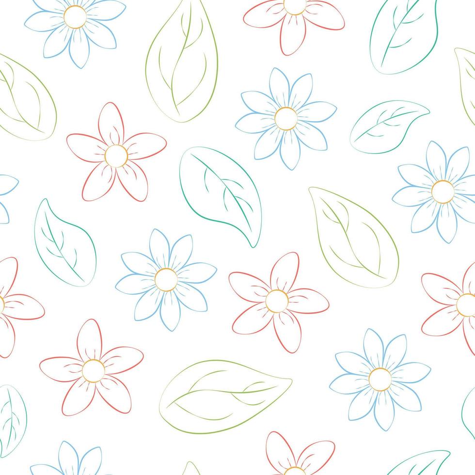 Pattern. Bright seamless pattern with the image of multicolored flowers and green leaves. A pattern drawn by hand with a pencil. Vector illustration on a white background