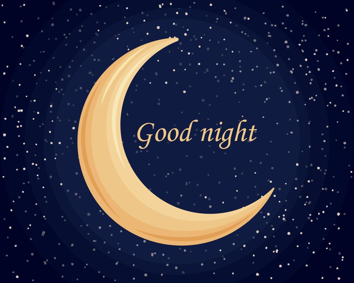 Good night. Golden crescent moon on the background of the starry sky and the inscription good night. Night illustration with the image of the moon. Vector illustration