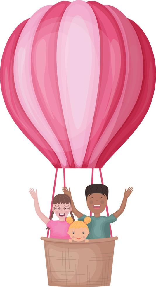 Balloon with children. Different kids on a hot air balloon. Funny children are flying in a balloon and waving their hands. Funny travelers. Vector illustration isolated on a white background
