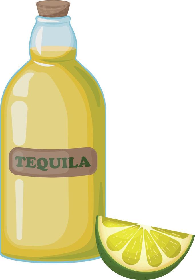Tequila. A bottle of tequila and a slice of lime. Mexican alcoholic beverage. Alcoholic beverage. Vector illustration isolated on a white background