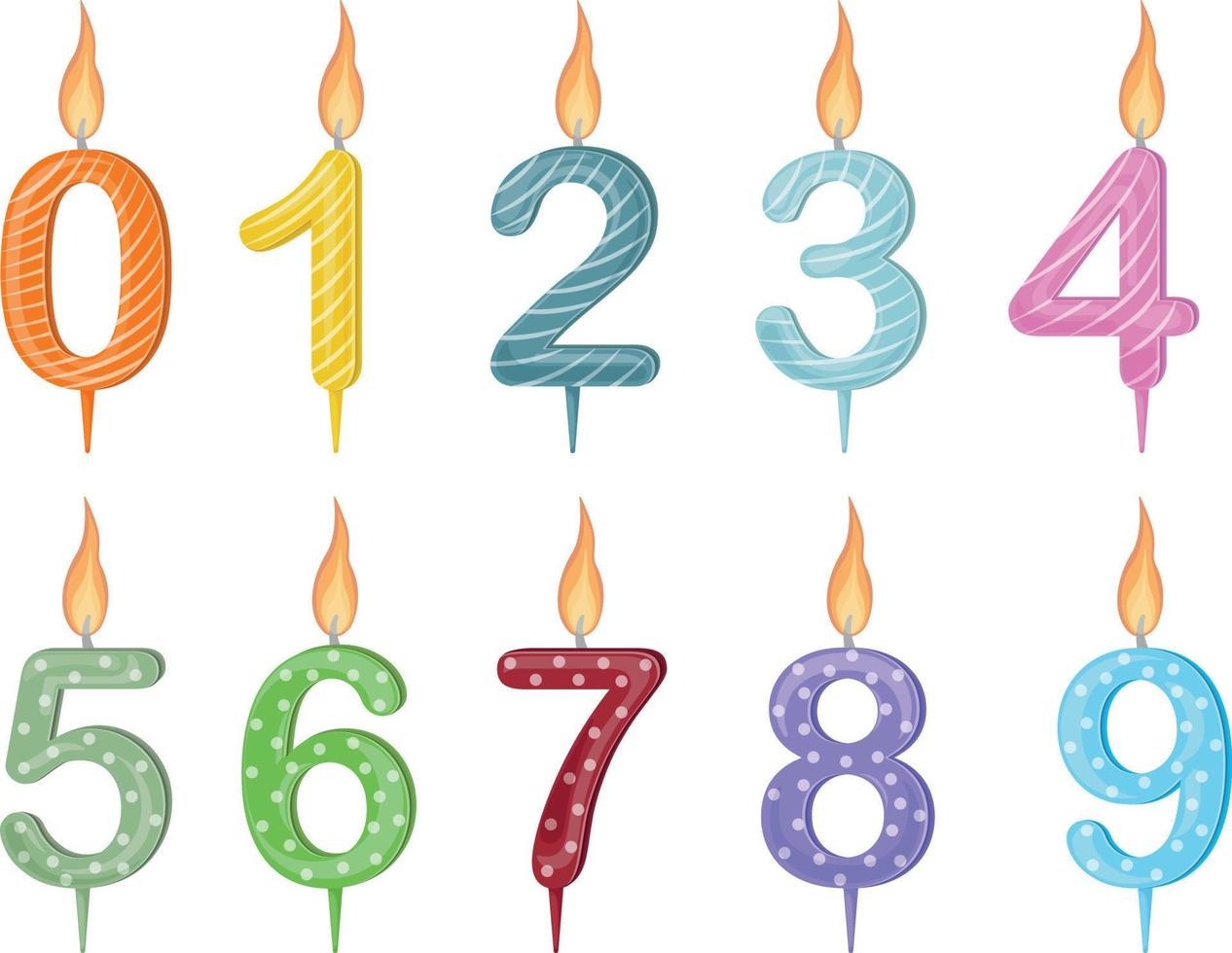 Candles figures for the cake. Colorful festive candles in the form of numbers, for cake decoration. Bright accessories for the holiday. Vector illustration