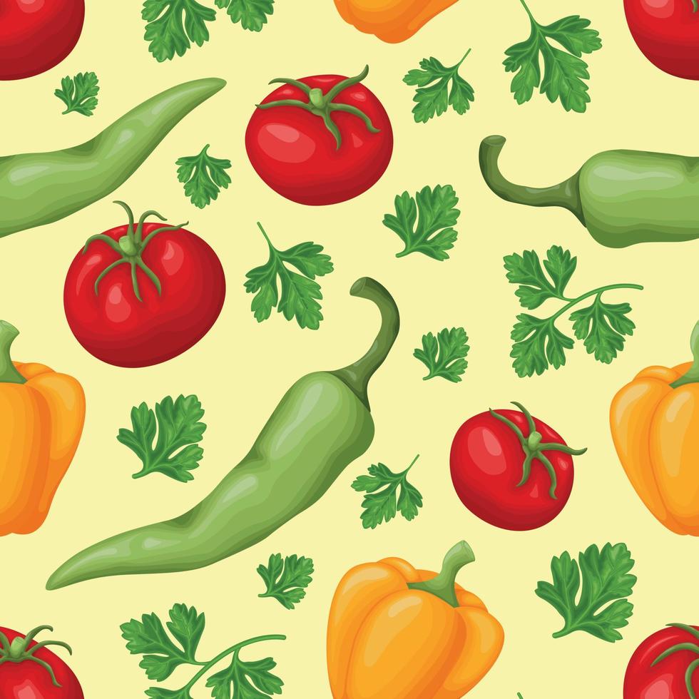 Seamless pattern. Seamless pattern featuring vegetables such as tomatoes, peppers and parsley. Vegetable vegetarian pattern. Vector illustration
