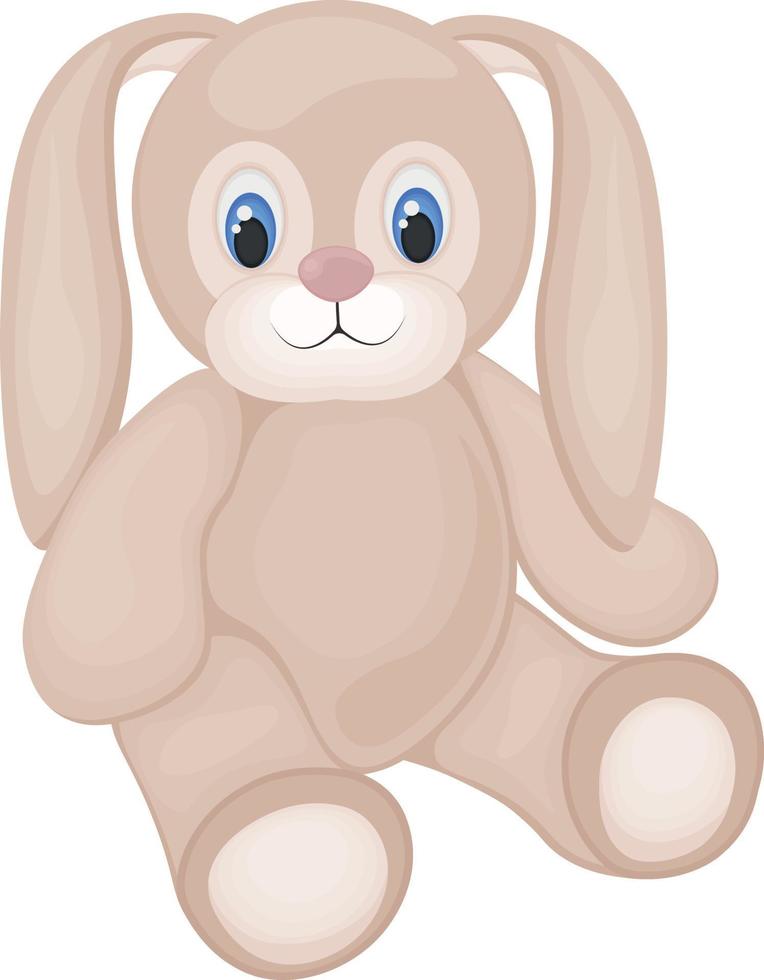 Cute bunny toy. A smiling stuffed rabbit is sitting on the floor. A stuffed rabbit. Vector illustration isolated on a white background