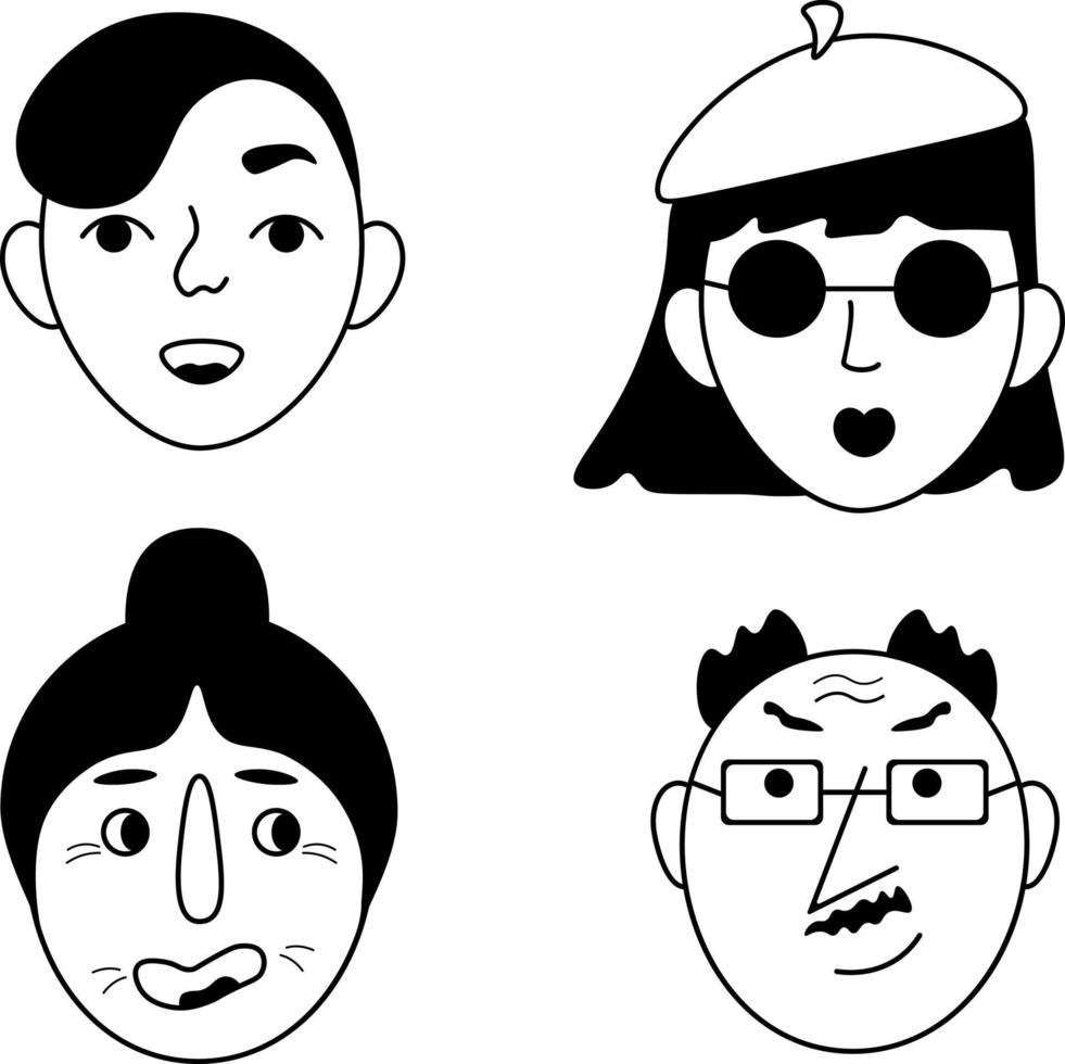 Faces. Image of faces. A network of people of different genders and ages. Monochrome avatars. Black and white images of faces. Vector illustration on a white background