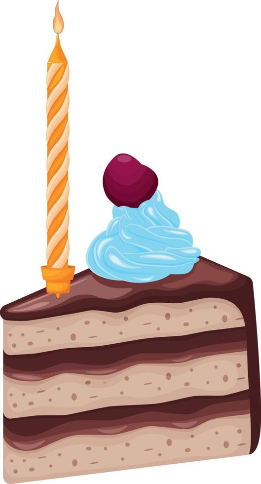 Chocolate cake with a candle. A piece of chocolate cake with a candle. Sweet birthday dessert. Vector illustration isolated on a white background