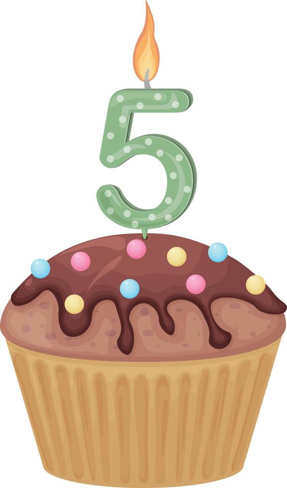 A cake with a candle in the form of the number five. Birthday muffin. Sweet festive dessert. Vector illustration isolated on a white background