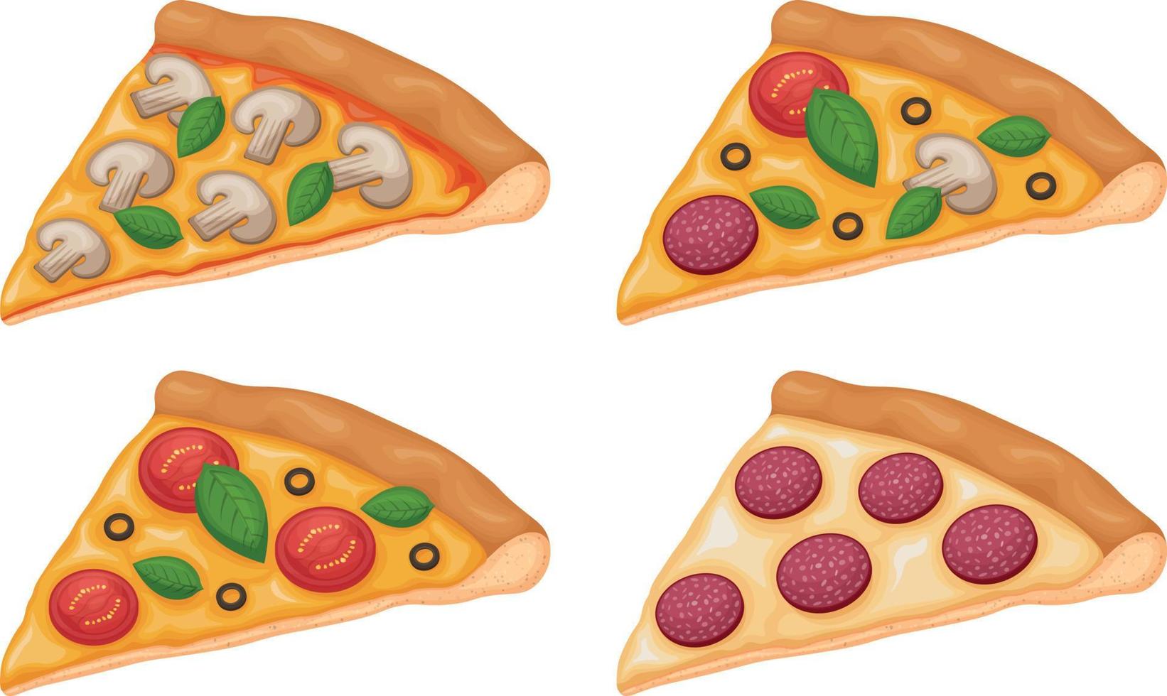 juego de pizzas una colección de cuatro rebanadas de pizza con varios rellenos. pizza con chorizo, champiñones, tomates y queso. ilustración vectorial aislada en un fondo blanco vector
