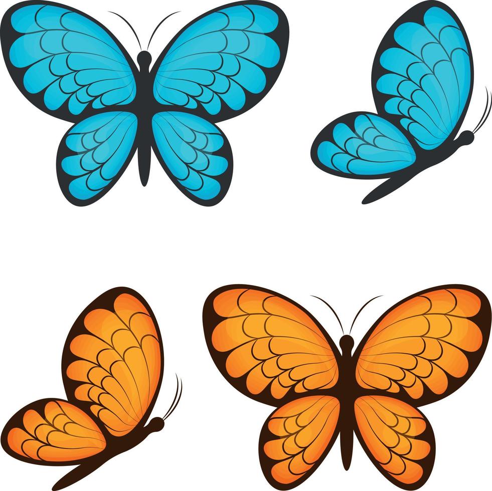 Butterflies. Collection of butterflies of different colors. A set of blue and yellow butterflies. Butterflies, side view and top view. Vector illustration
