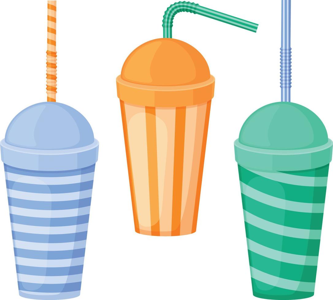 A paper cup. A set of paper cups with a straw. Plastic cups for fast food. A cup for drinks of different colors with a straw. Vector illustration isolated on a white background