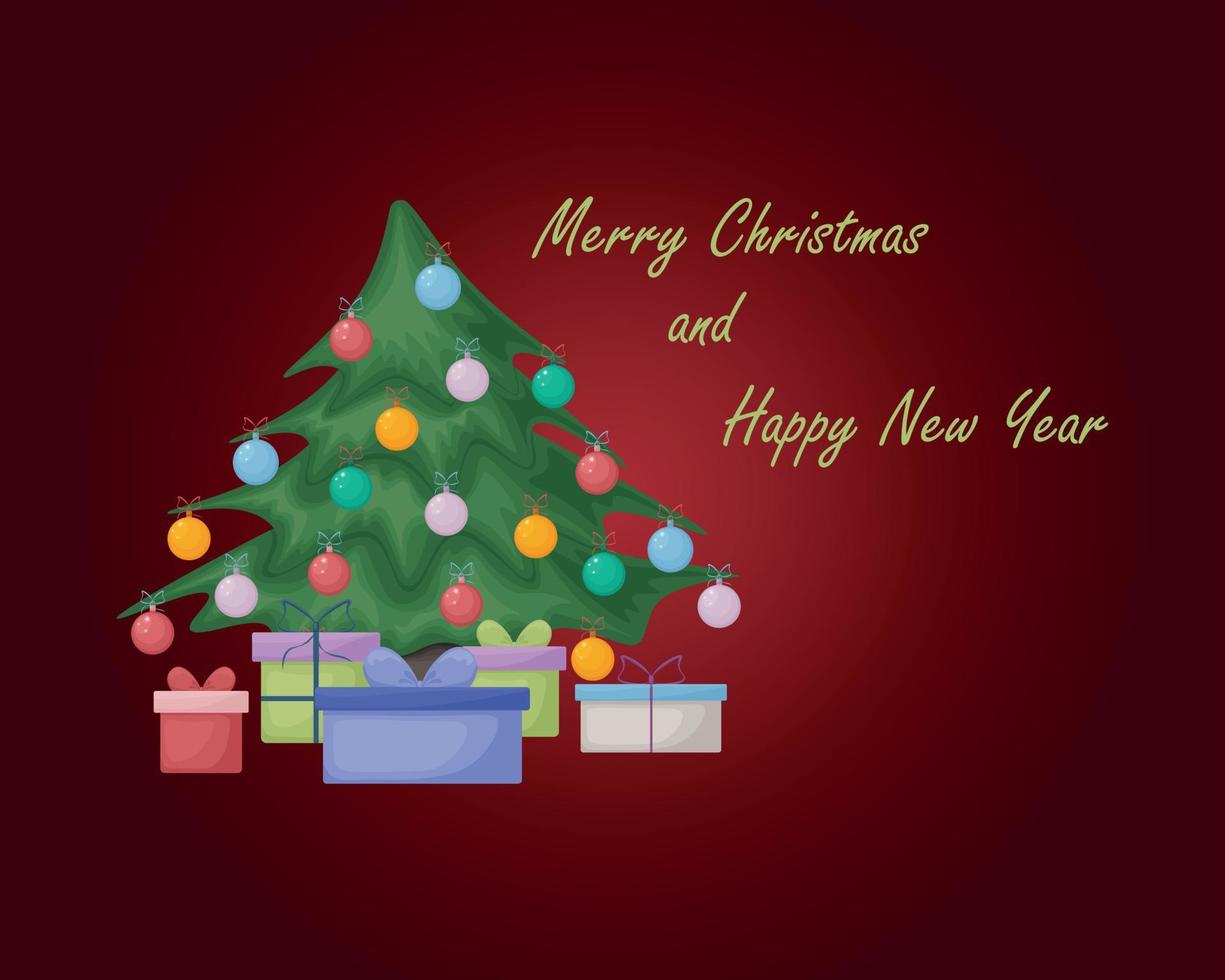 Christmas. A Christmas card with a picture of a Christmas tree decorated with colorful balloons and boxes with gifts under the tree. A New Year s card with the inscription merry Christmas. Vector