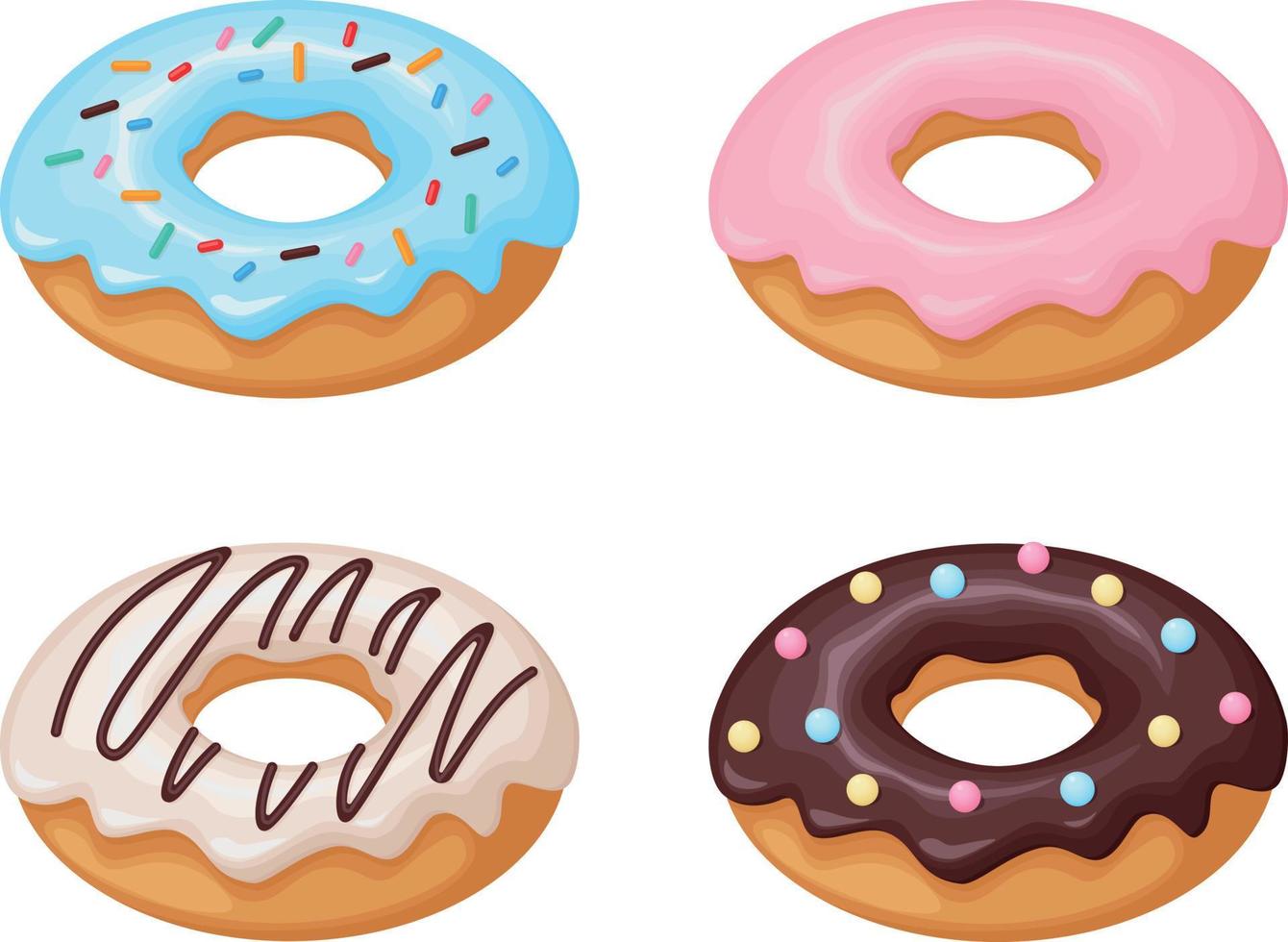 Donut. A collection of donuts decorated with various glazes and sprinkles. Sweet dessert, vector illustration isolated on a white background