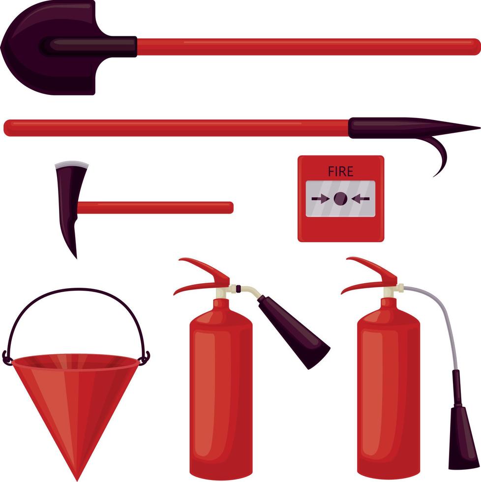 equipo contra incendios. accesorios para la extinción de incendios, como extintores, palas, hachas, baldes y un botón de alarma contra incendios. vector