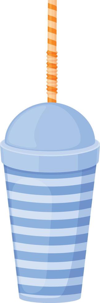 Image of a glass with a straw. Plastic cocktail glass. A blue striped drink cup with a straw. Vector illustration isolated on a white background