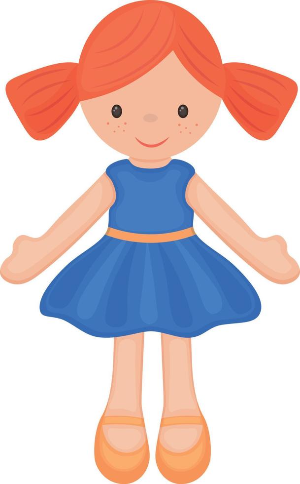 Doll. Cute children s toy with red hair. A doll in a beautiful dress. Vector illustration isolated on a white background