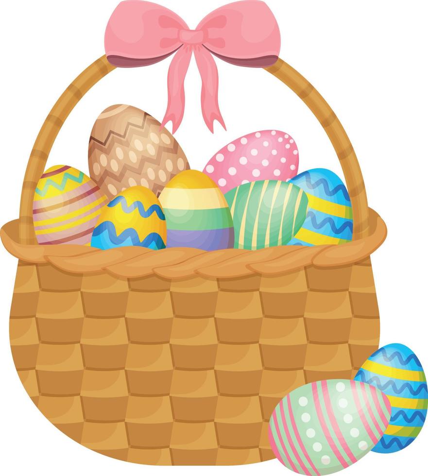 Easter eggs. A basket with bright, colorful Easter eggs. Painted Easter eggs in a basket. Vector illustration isolated on a white background