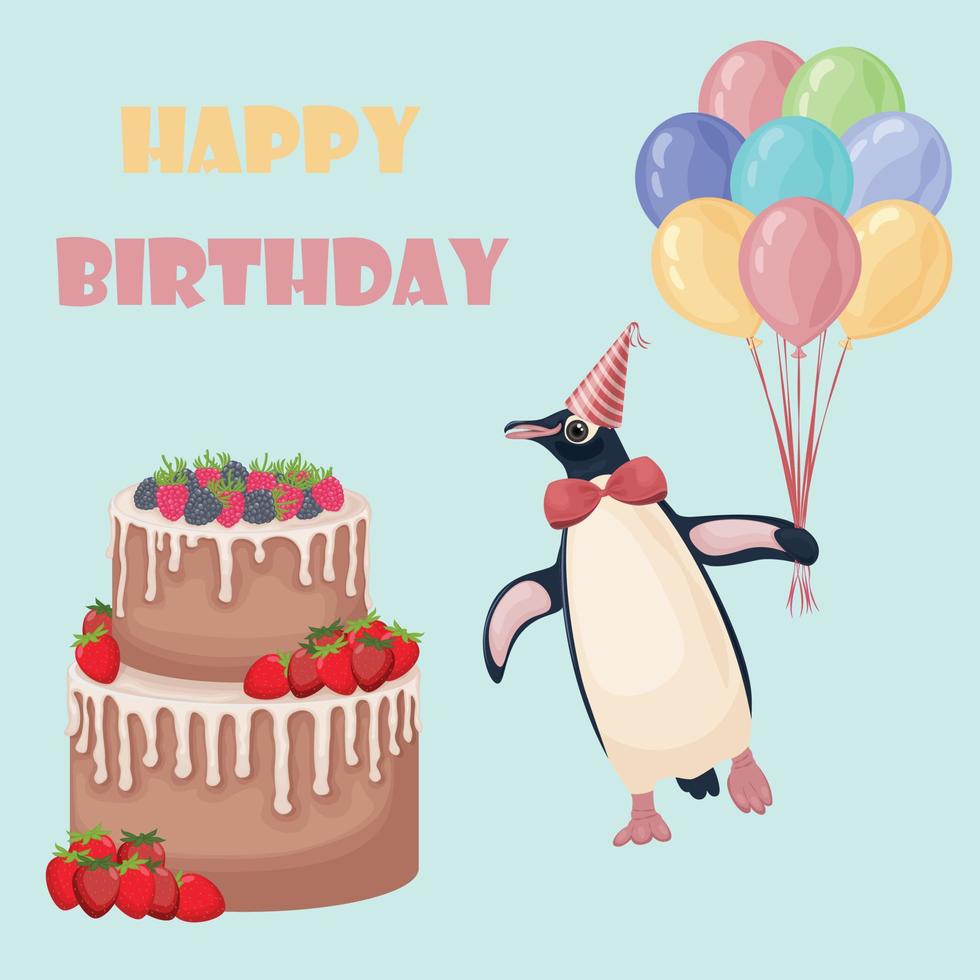 Happy Birthday. A bright birthday greeting card with a picture of a large cake with candles and a cute penguin with balloons. Vector illustration