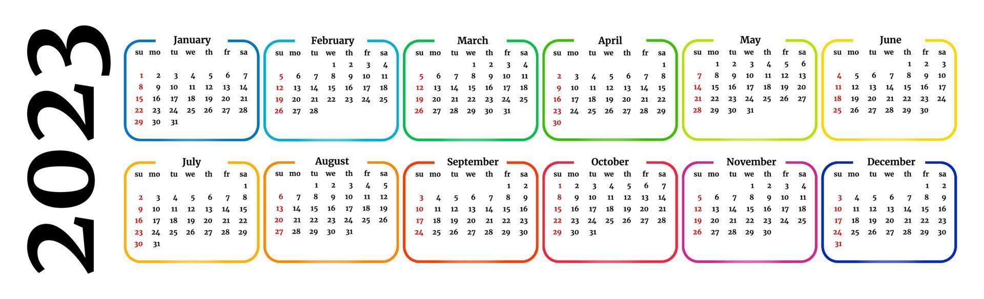 Horizontal calendar for 2023 isolated on a white background. Sunday to Monday, business template. Vector illustration