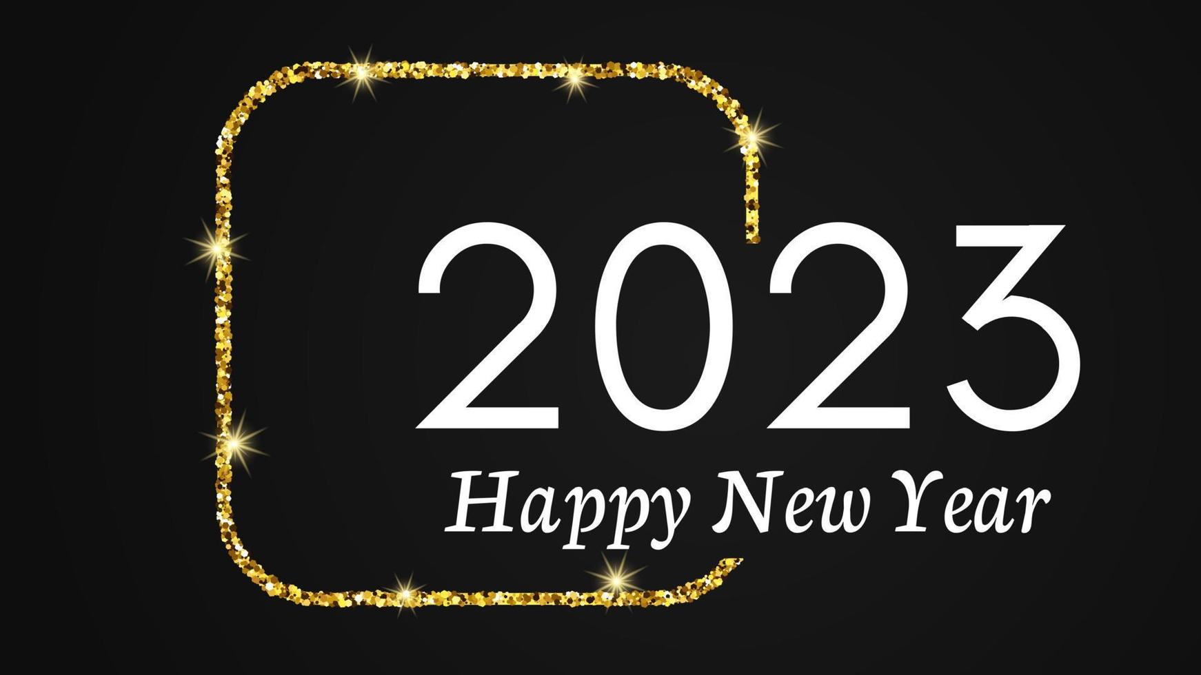 Fondo de feliz año nuevo 2023. inscripción blanca en un cuadrado redondeado de brillo dorado para tarjetas de felicitación navideñas, volantes o carteles. ilustración vectorial vector
