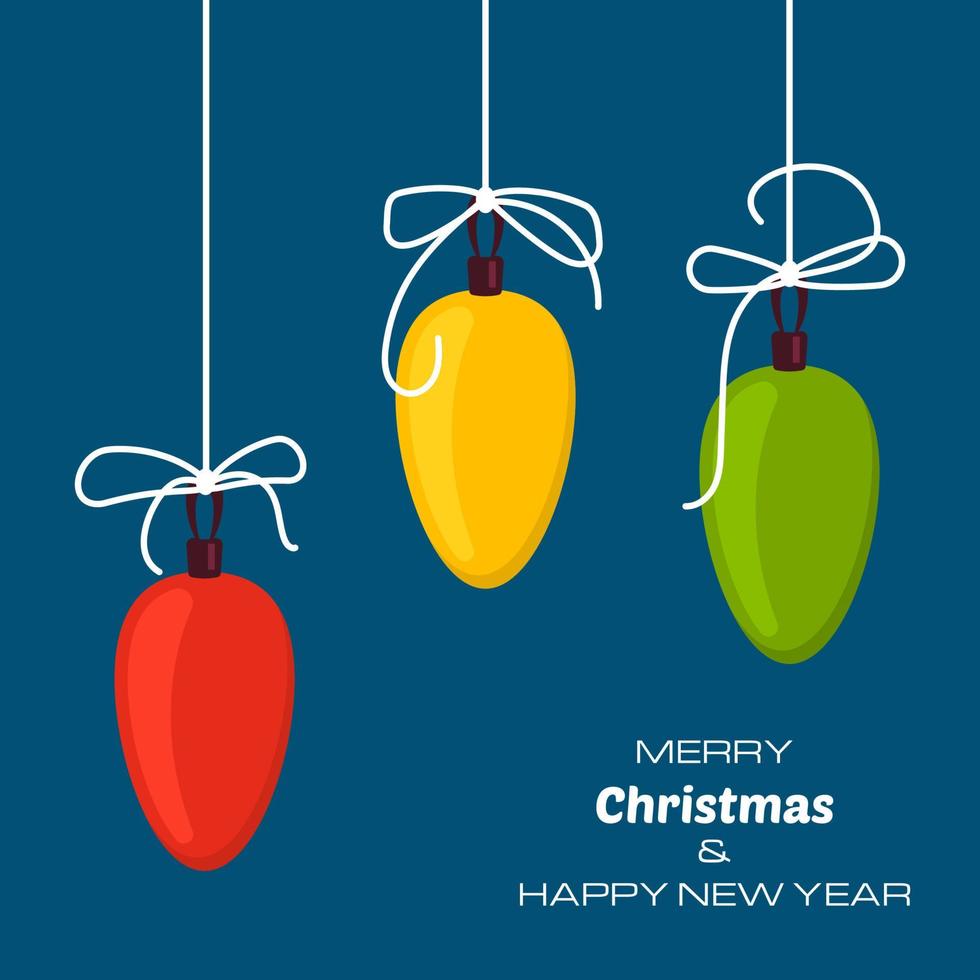 feliz navidad y feliz año nuevo fondo azul con tres bolas de navidad. fondo vectorial para sus tarjetas de felicitación, invitaciones, carteles festivos. vector
