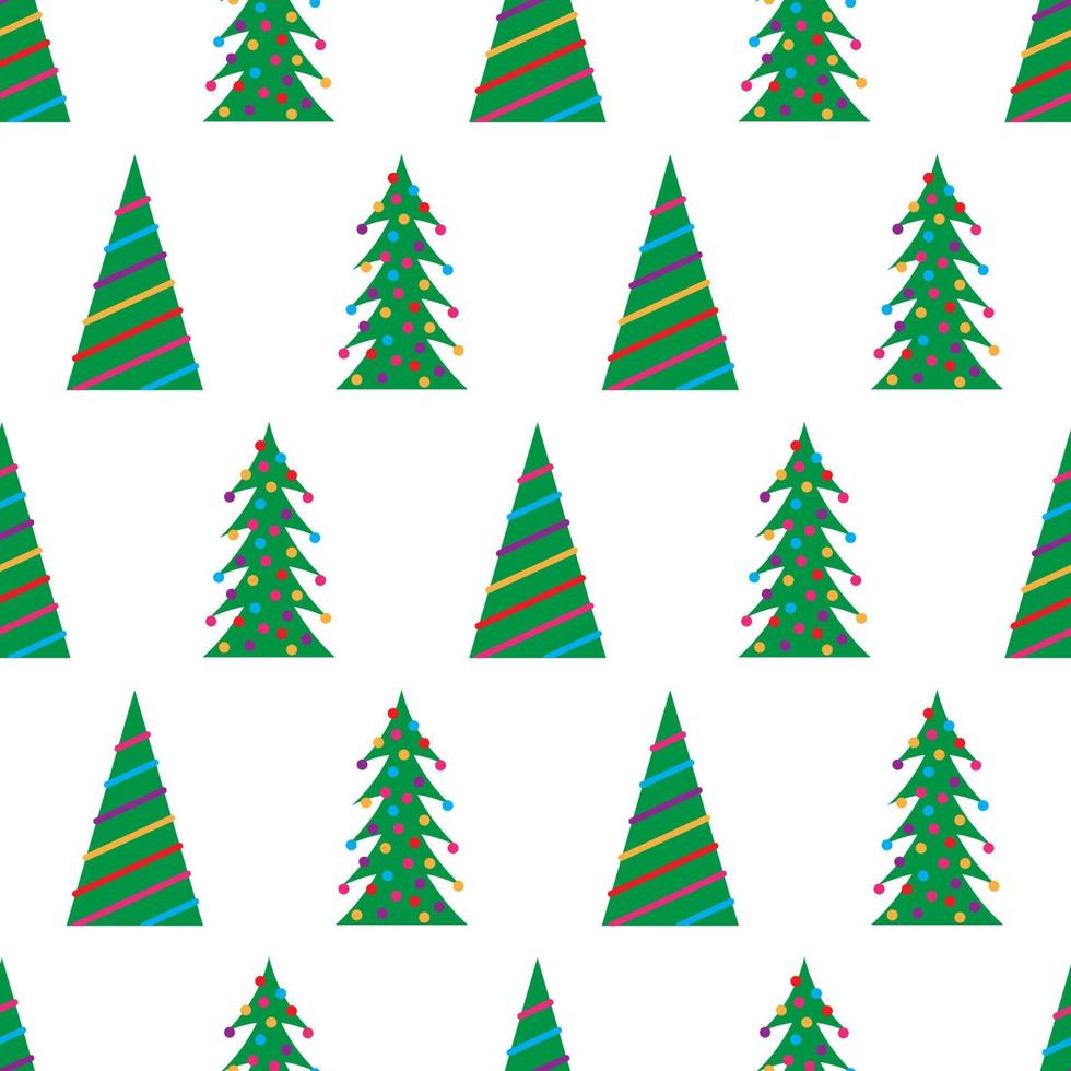 Christmas seamless pattern with green Christmas trees with colorful toys, balls and garlands. Vector illustration
