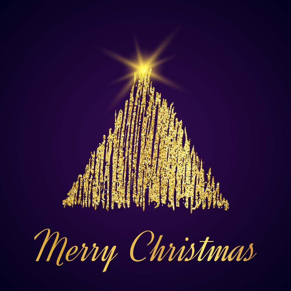 Gold glitter Christmas tree in sketch style on dark purple background. Happy new year card design. Vector illustration.