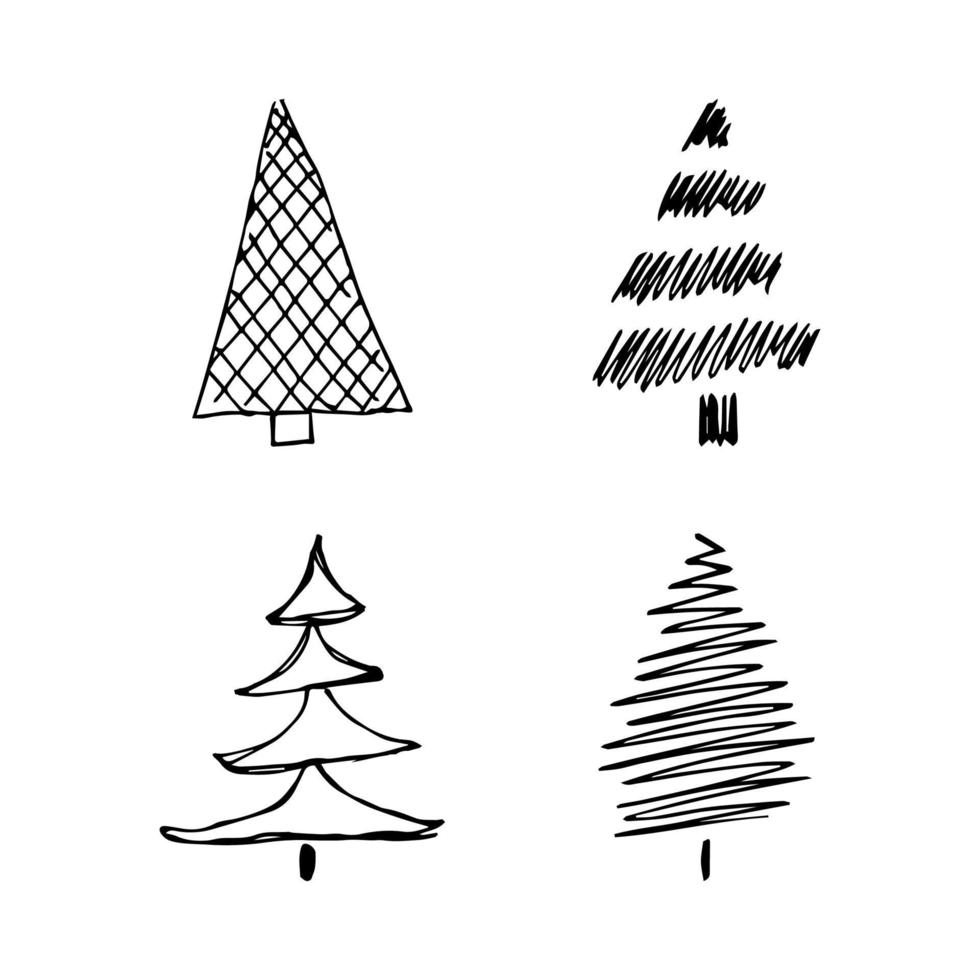 Hand drawn Christmas trees. Set of four monochrome sketched illustrations of firs. Winter holiday doodle elements. Vector illustration